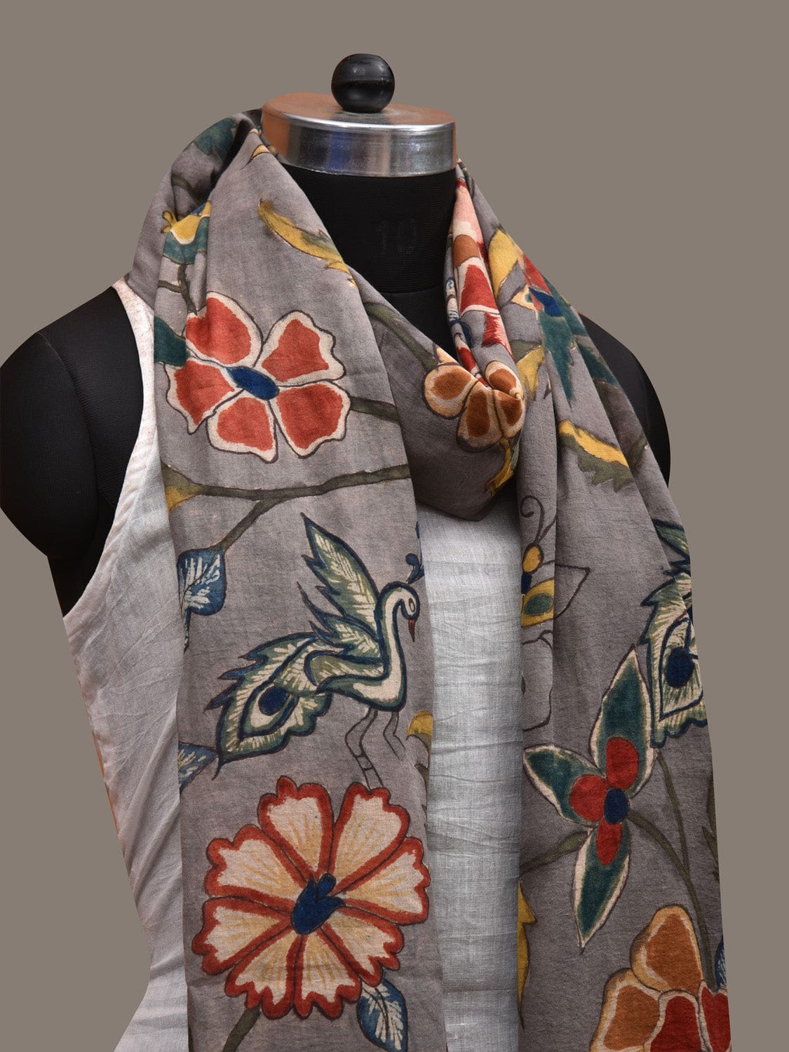Grey Kalamkari Hand Painted Cotton Handloom Dupatta with Floral Design ds2843