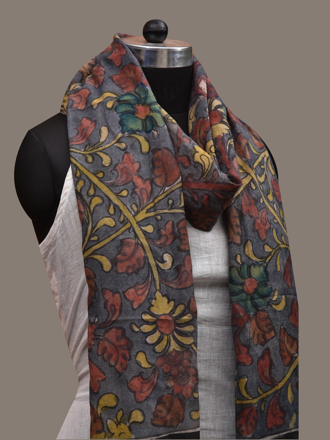 Grey Kalamkari Hand Painted Cotton Handloom Dupatta with Floral Design ds2875