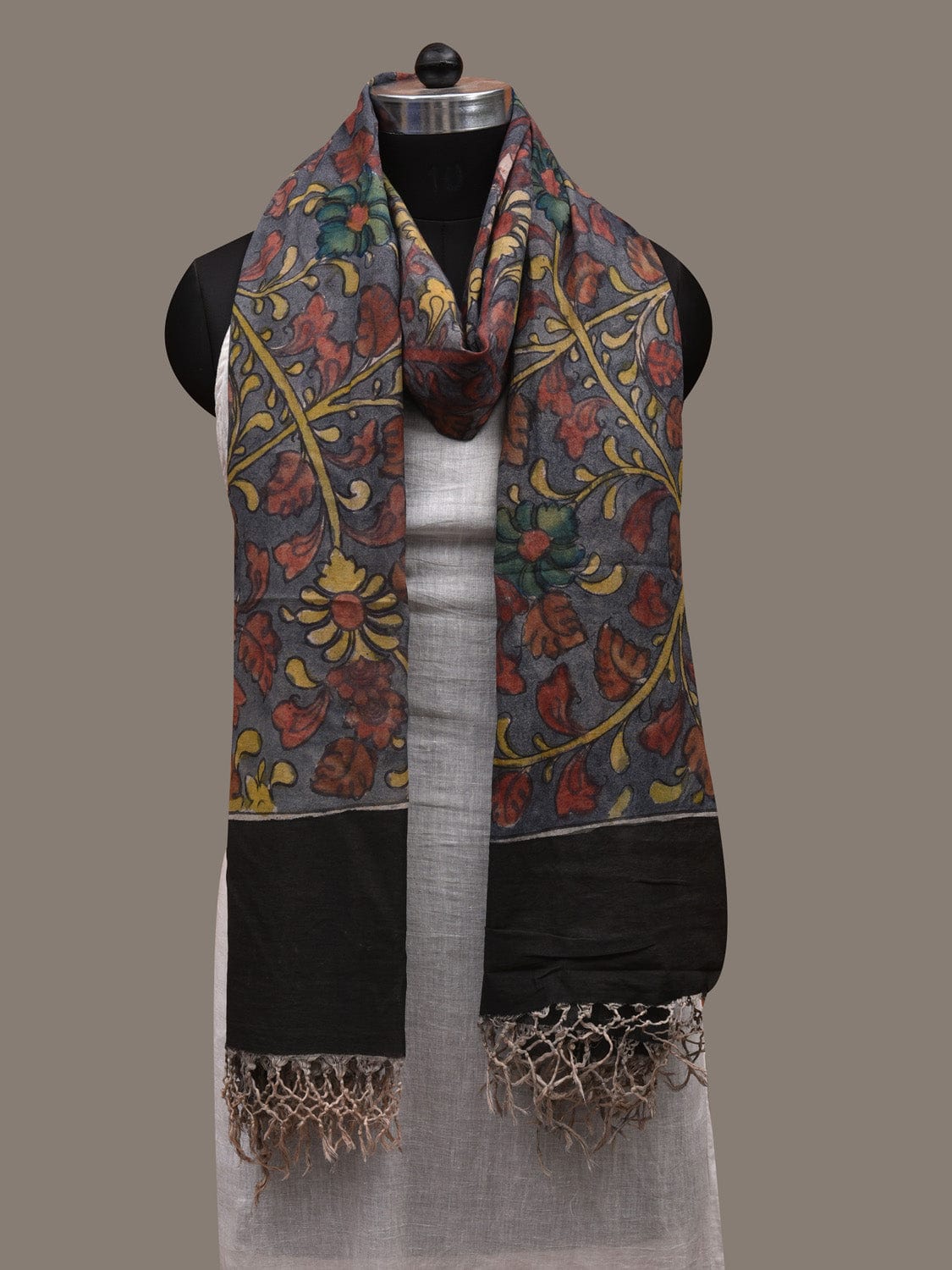 Grey Kalamkari Hand Painted Cotton Handloom Dupatta with Floral Design ds2875