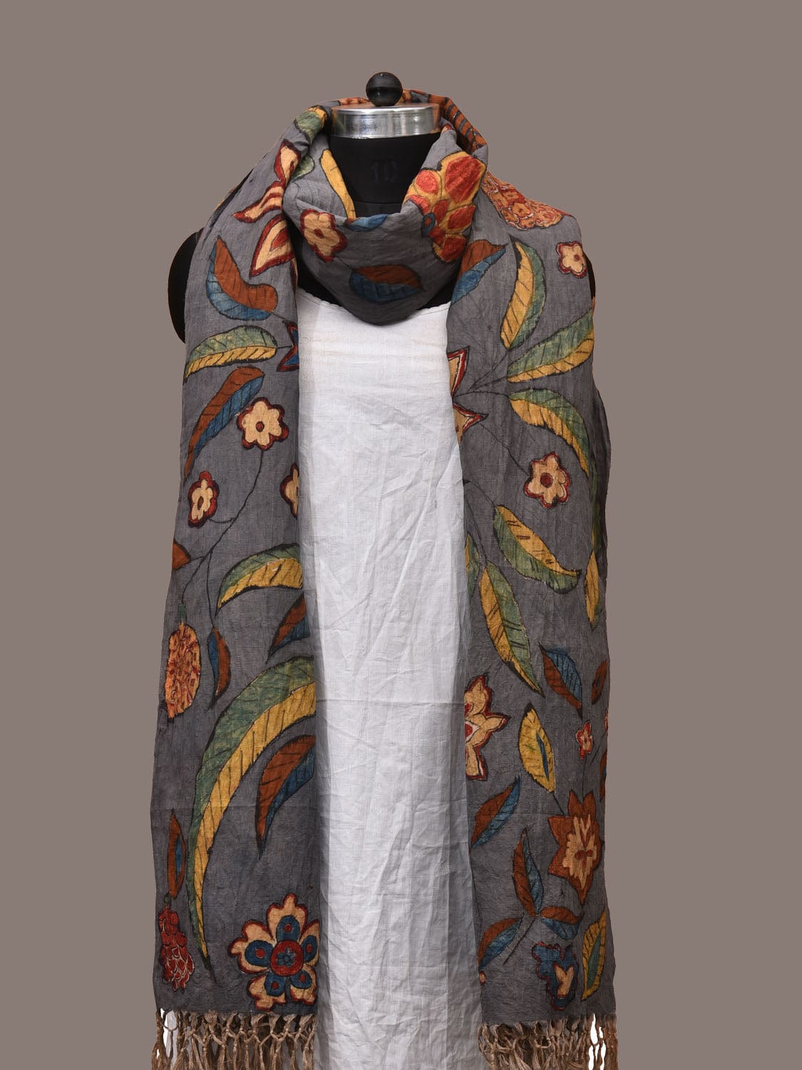 Grey Kalamkari Hand Painted Cotton Handloom Dupatta with Floral Design ds3174