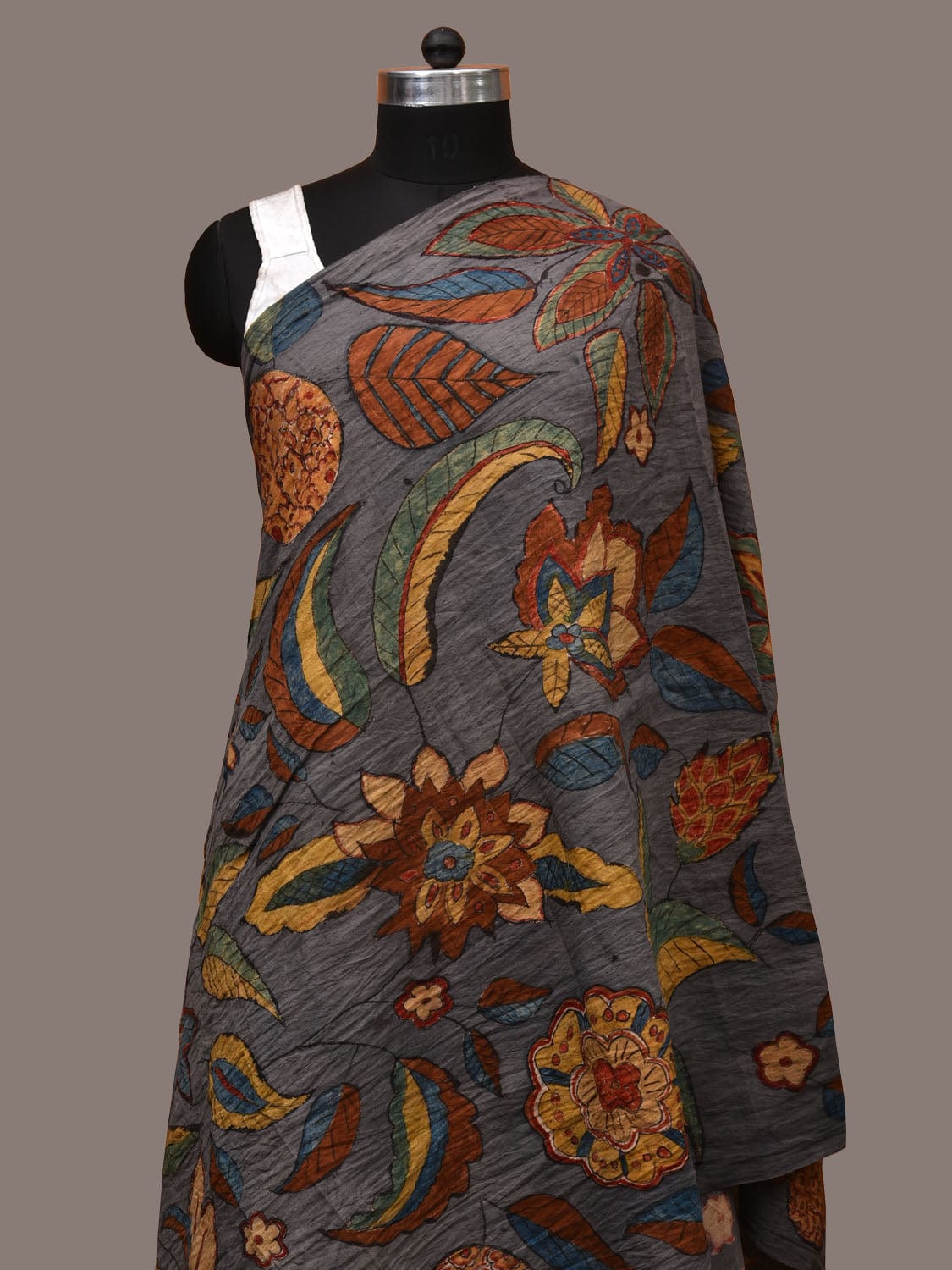 Grey Kalamkari Hand Painted Cotton Handloom Dupatta with Floral Design ds3174