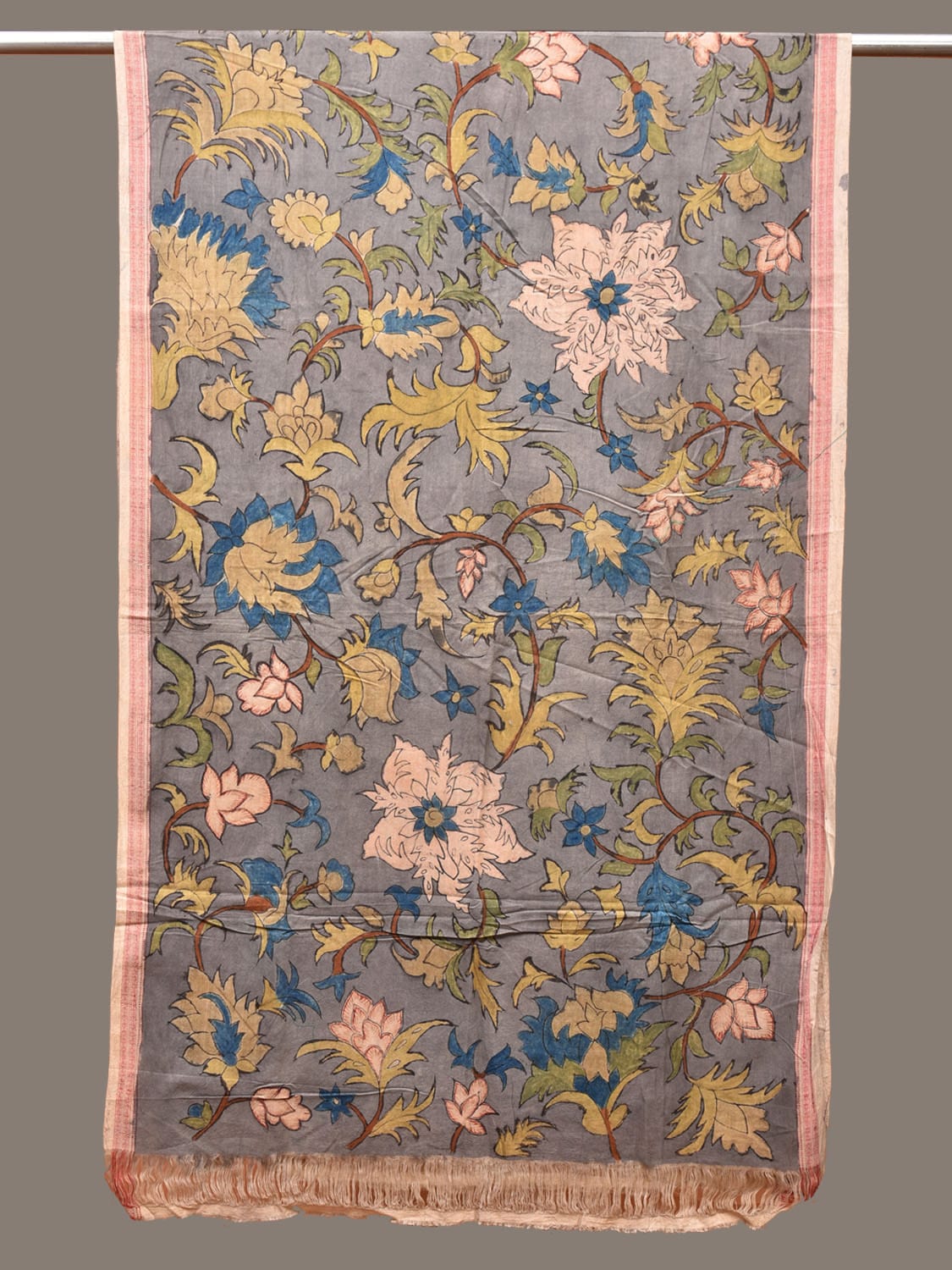 Grey Kalamkari Hand Painted Cotton Handloom Dupatta with Floral Design ds3273