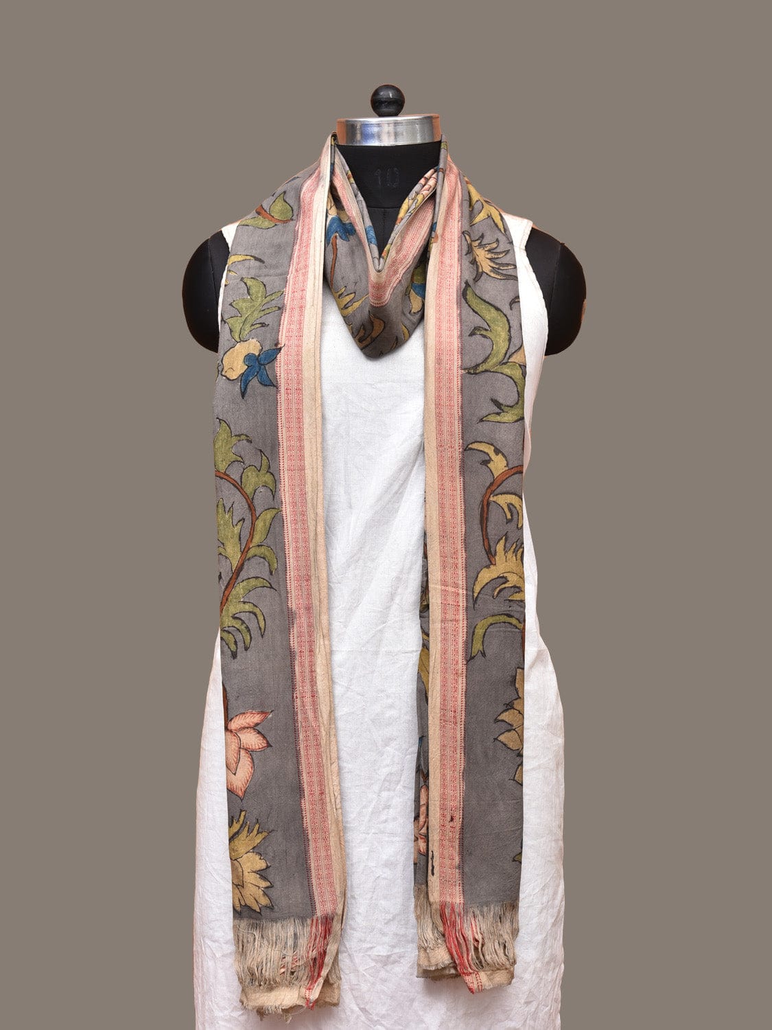 Grey Kalamkari Hand Painted Cotton Handloom Dupatta with Floral Design ds3273
