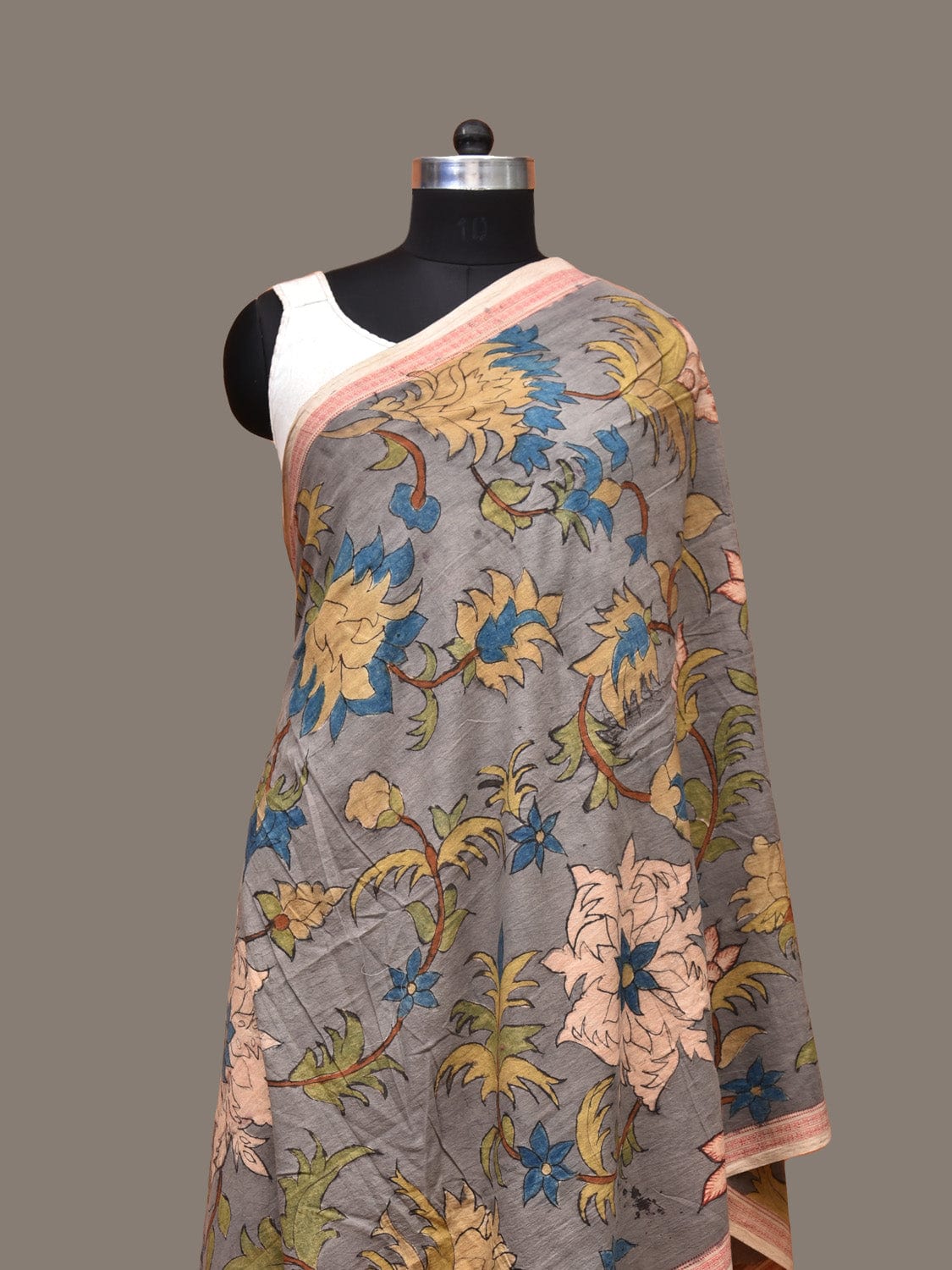 Grey Kalamkari Hand Painted Cotton Handloom Dupatta with Floral Design ds3273