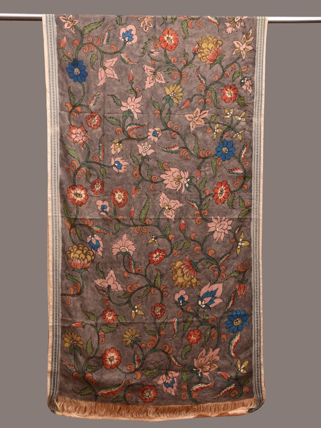 Grey Kalamkari Hand Painted Cotton Handloom Dupatta with Floral Design ds3626