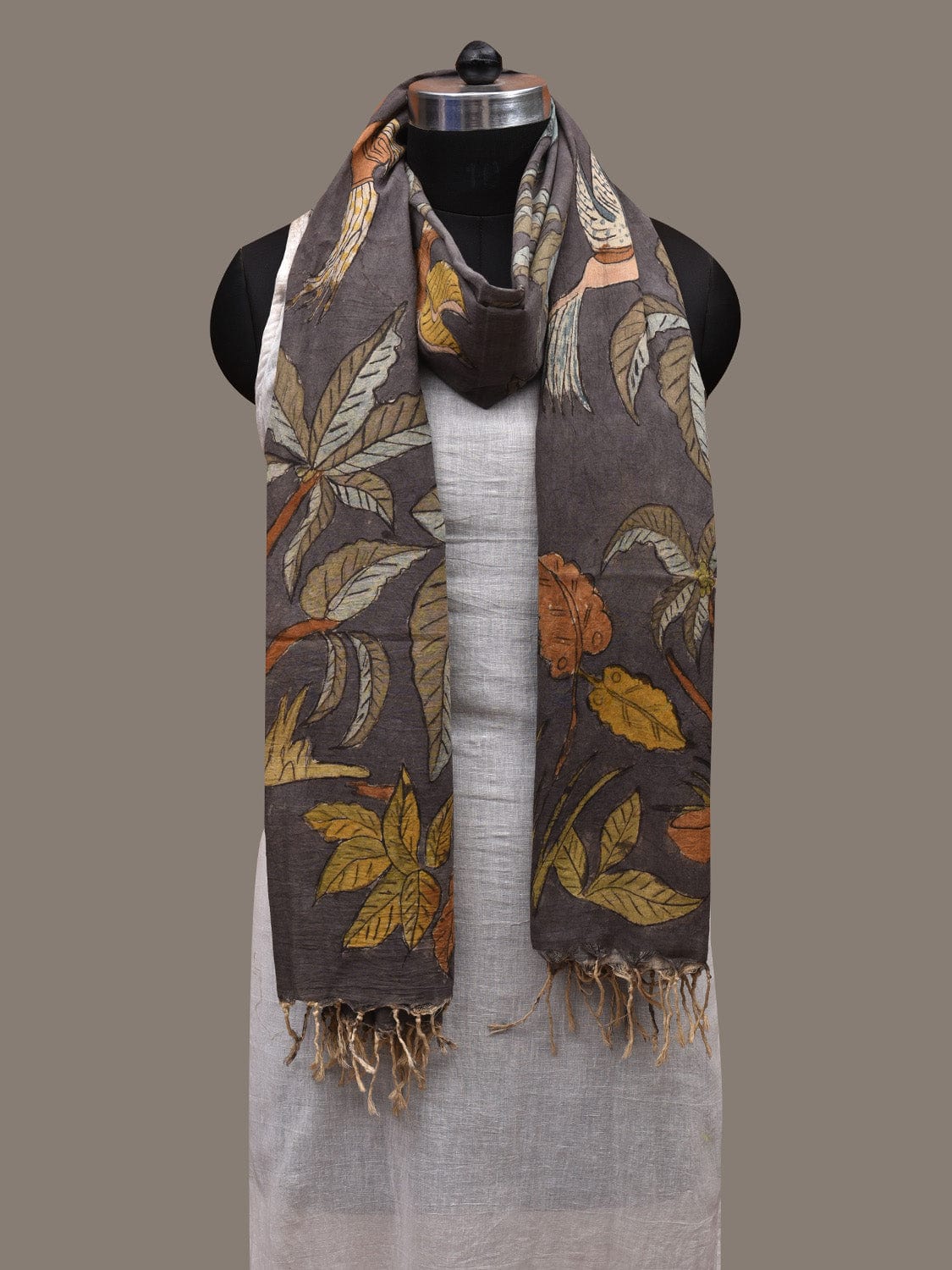 Grey Kalamkari Hand Painted Cotton Handloom Dupatta with Trees and Birds Design ds2821