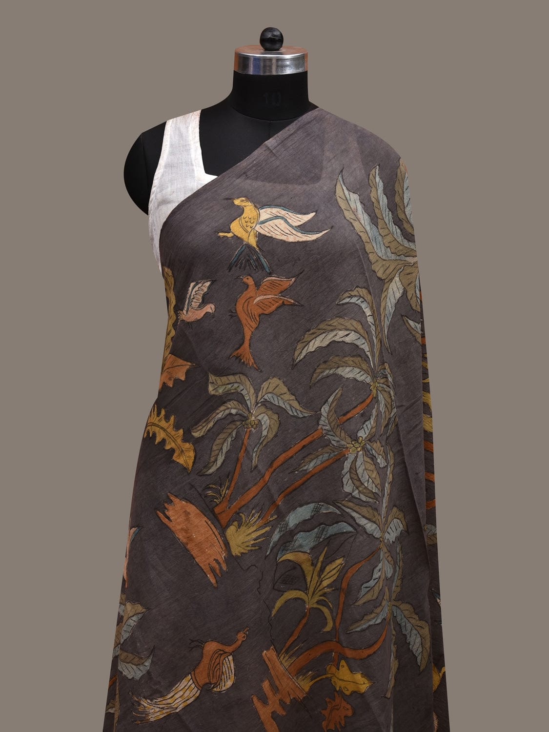 Grey Kalamkari Hand Painted Cotton Handloom Dupatta with Trees and Birds Design ds2821