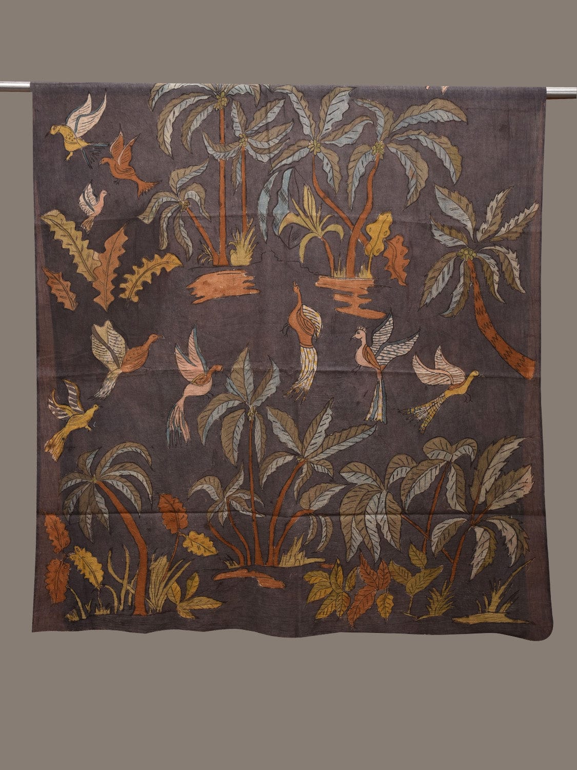 Grey Kalamkari Hand Painted Cotton Handloom Dupatta with Trees and Birds Design ds2821