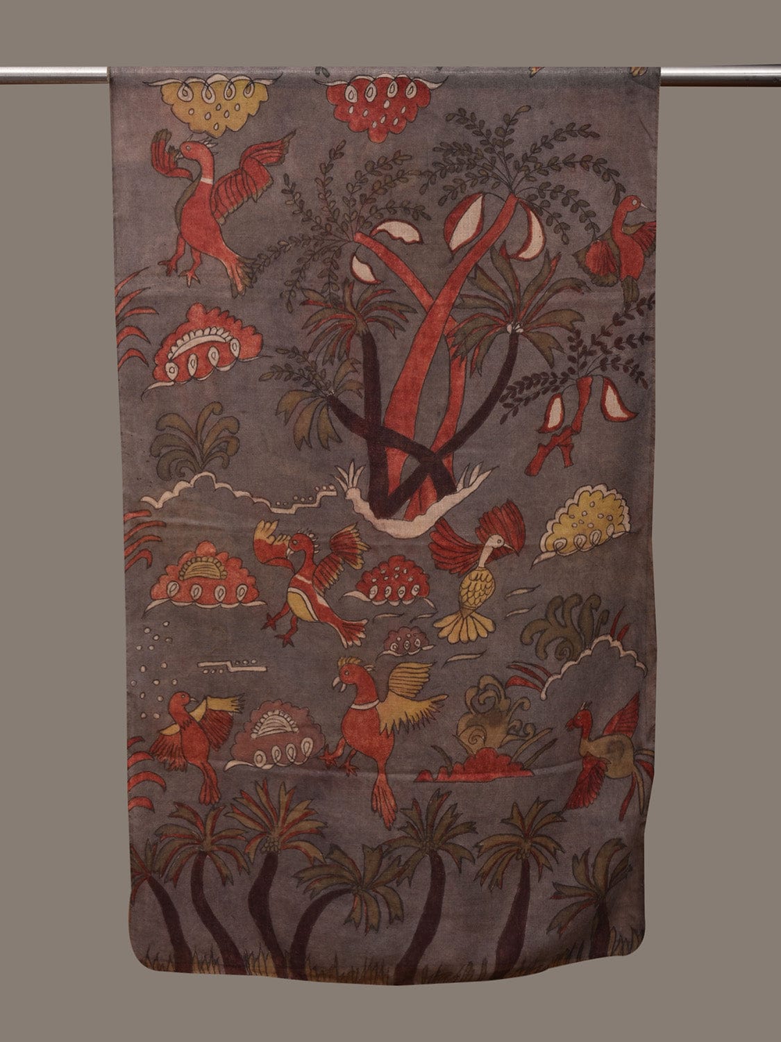 Grey Kalamkari Hand Painted Cotton Handloom Stole with Birds and Trees Design ds3043