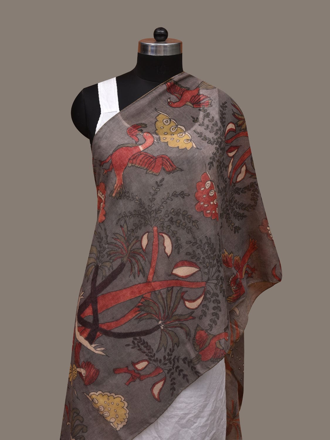 Grey Kalamkari Hand Painted Cotton Handloom Stole with Birds and Trees Design ds3043