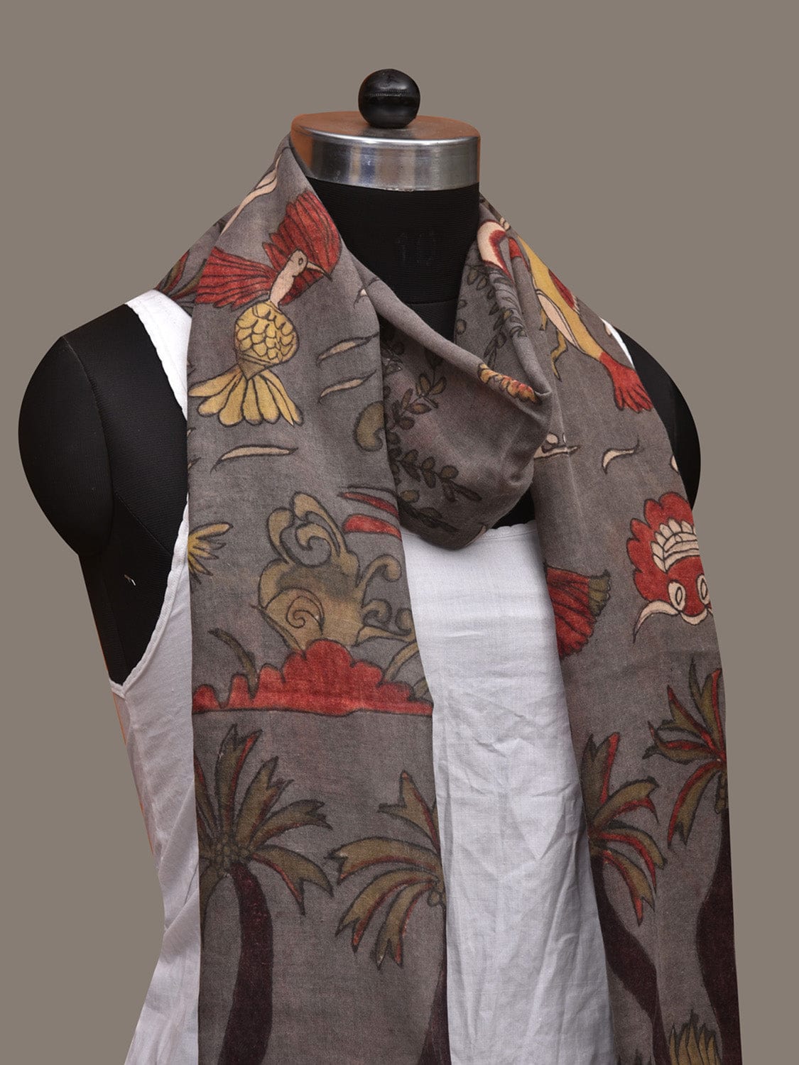 Grey Kalamkari Hand Painted Cotton Handloom Stole with Birds and Trees Design ds3043