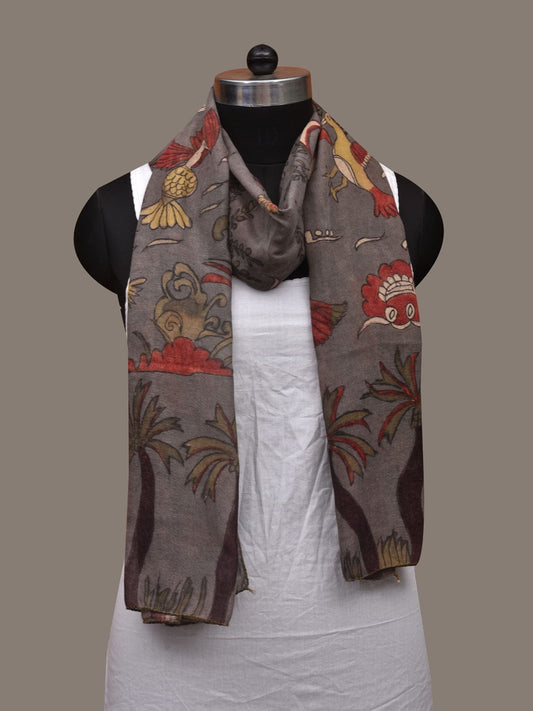 Grey Kalamkari Hand Painted Cotton Handloom Stole with Birds and Trees Design ds3043