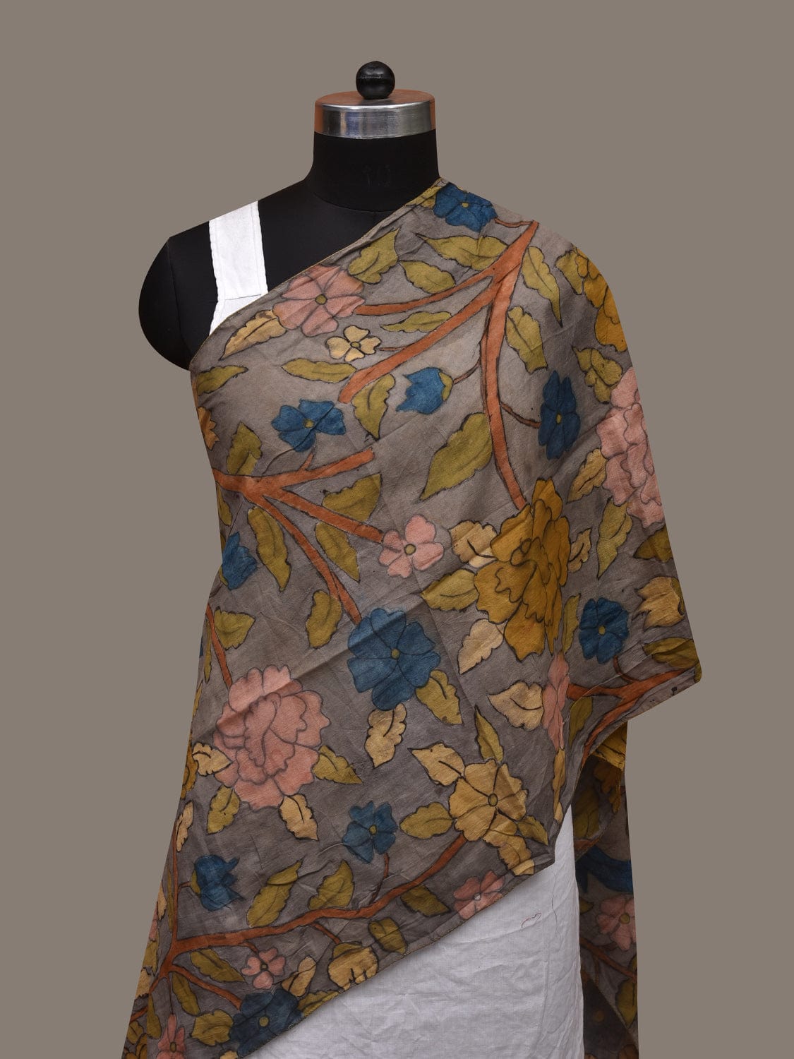 Grey Kalamkari Hand Painted Cotton Handloom Stole with Floral and Birds Design ds3054