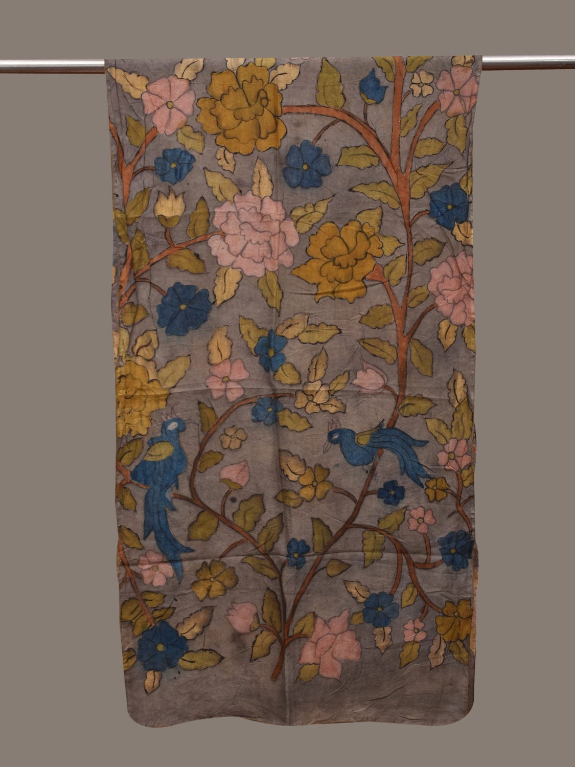 Grey Kalamkari Hand Painted Cotton Handloom Stole with Floral and Birds Design ds3054