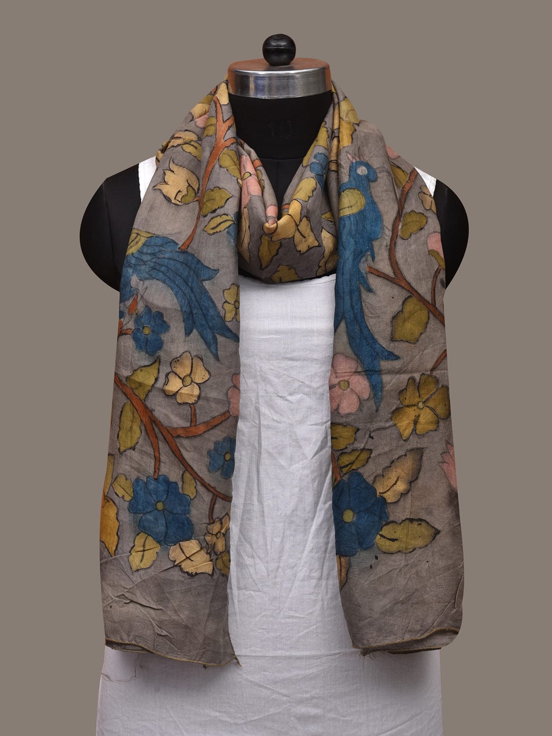 Grey Kalamkari Hand Painted Cotton Handloom Stole with Floral and Birds Design ds3054
