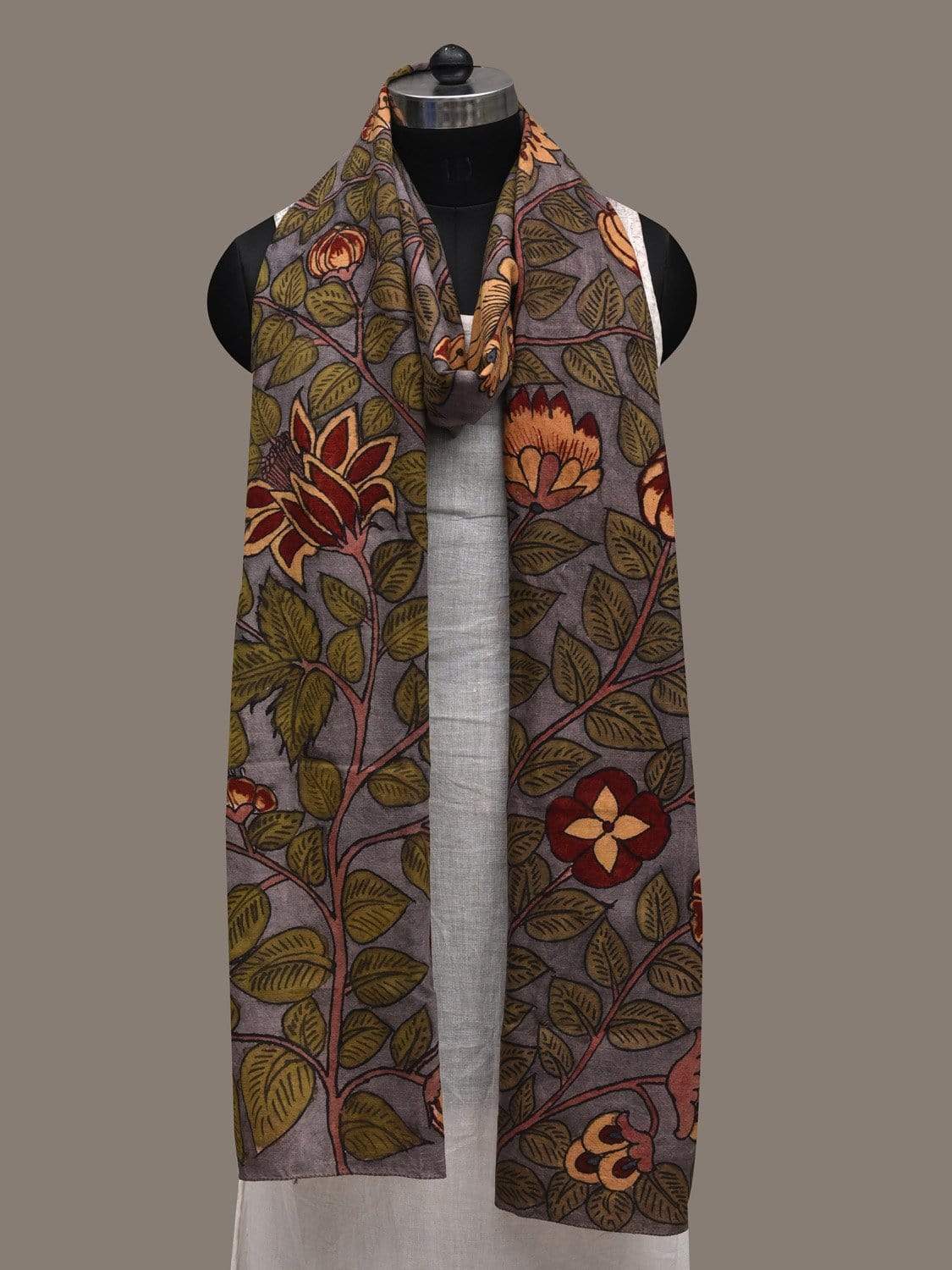 Grey Kalamkari Hand Painted Cotton Handloom Stole with Floral Design ds2544
