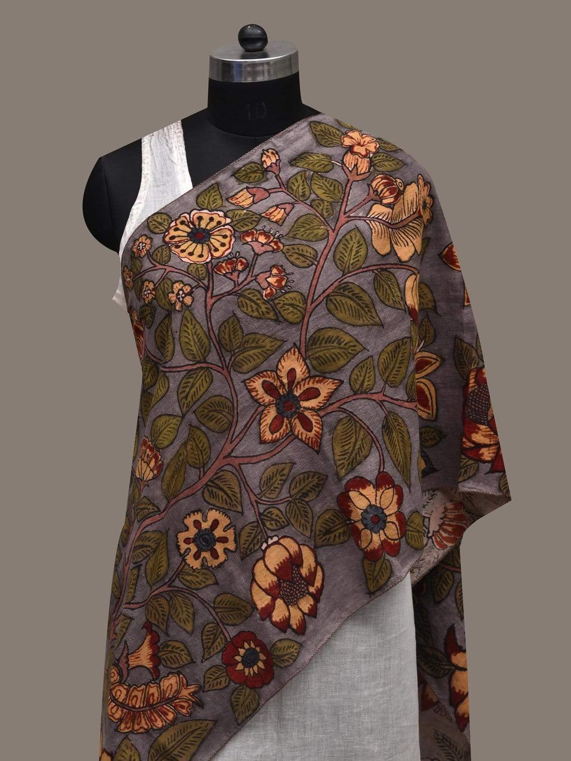 Grey Kalamkari Hand Painted Cotton Handloom Stole with Floral Design ds2544