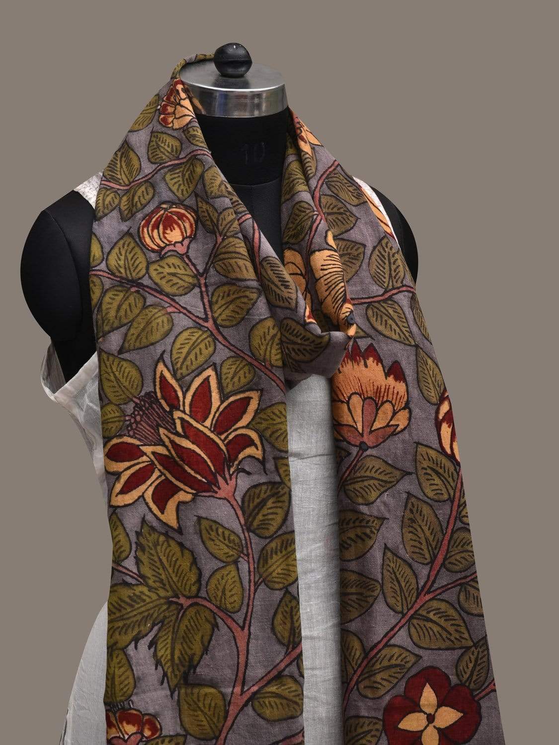 Grey Kalamkari Hand Painted Cotton Handloom Stole with Floral Design ds2544