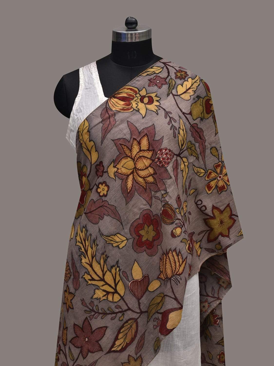 Grey Kalamkari Hand Painted Cotton Handloom Stole with Floral Design ds2561