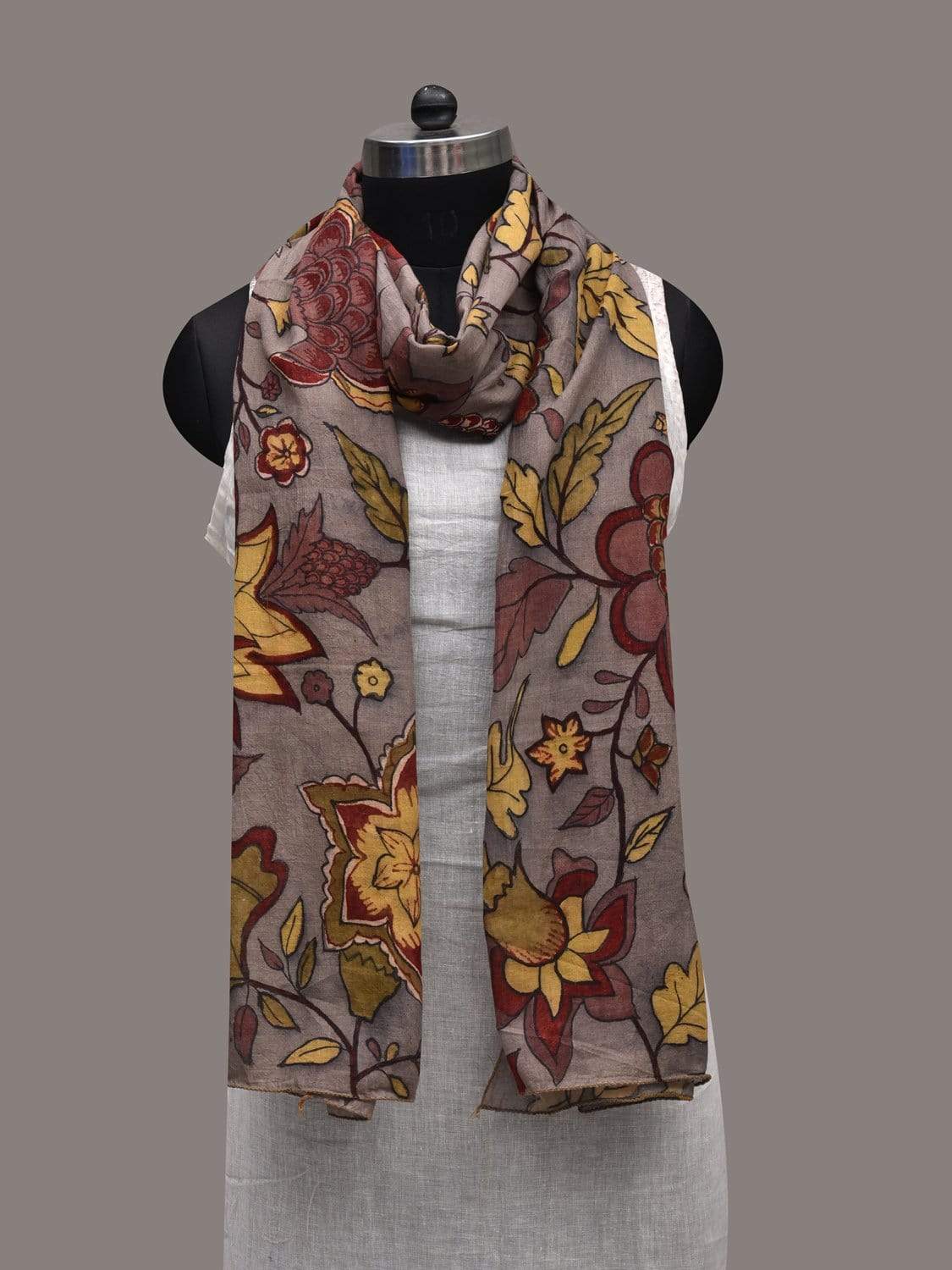 Grey Kalamkari Hand Painted Cotton Handloom Stole with Floral Design ds2561