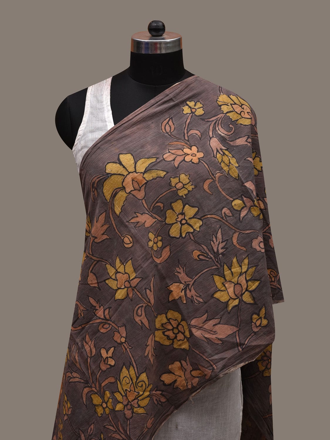 Grey Kalamkari Hand Painted Cotton Handloom Stole with Floral Design ds2739