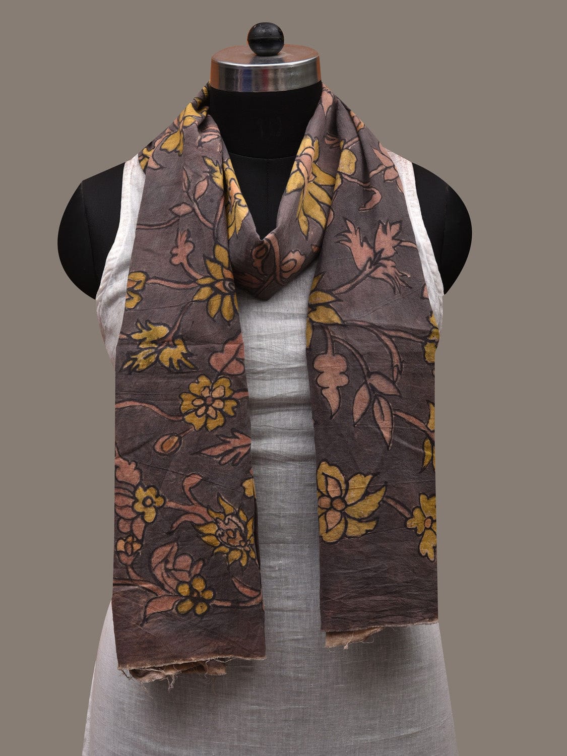Grey Kalamkari Hand Painted Cotton Handloom Stole with Floral Design ds2739