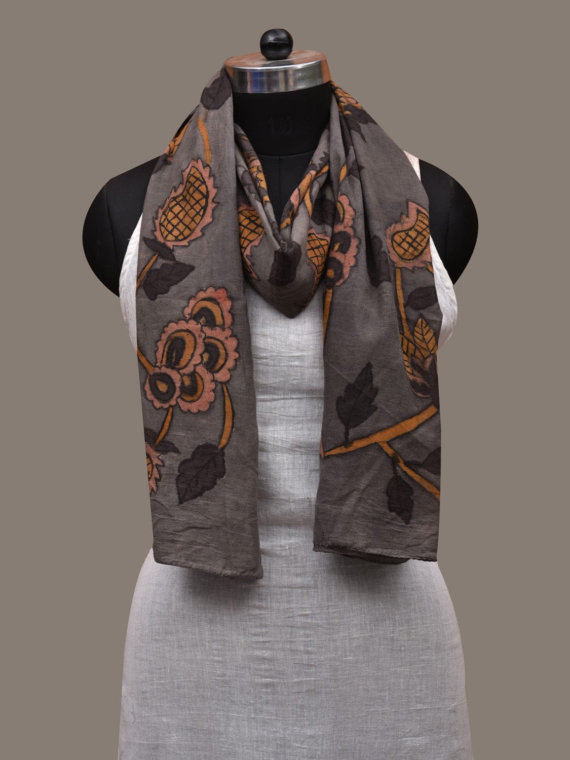 Grey Kalamkari Hand Painted Cotton Handloom Stole with Floral Design ds2758