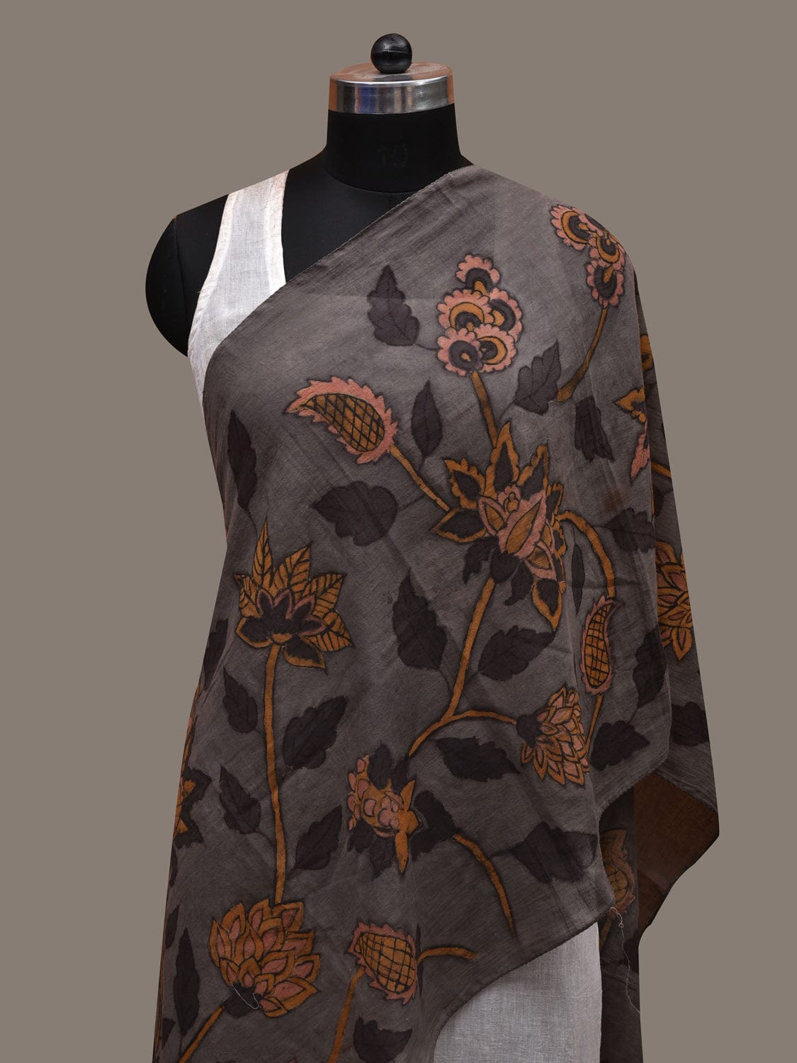 Grey Kalamkari Hand Painted Cotton Handloom Stole with Floral Design ds2758