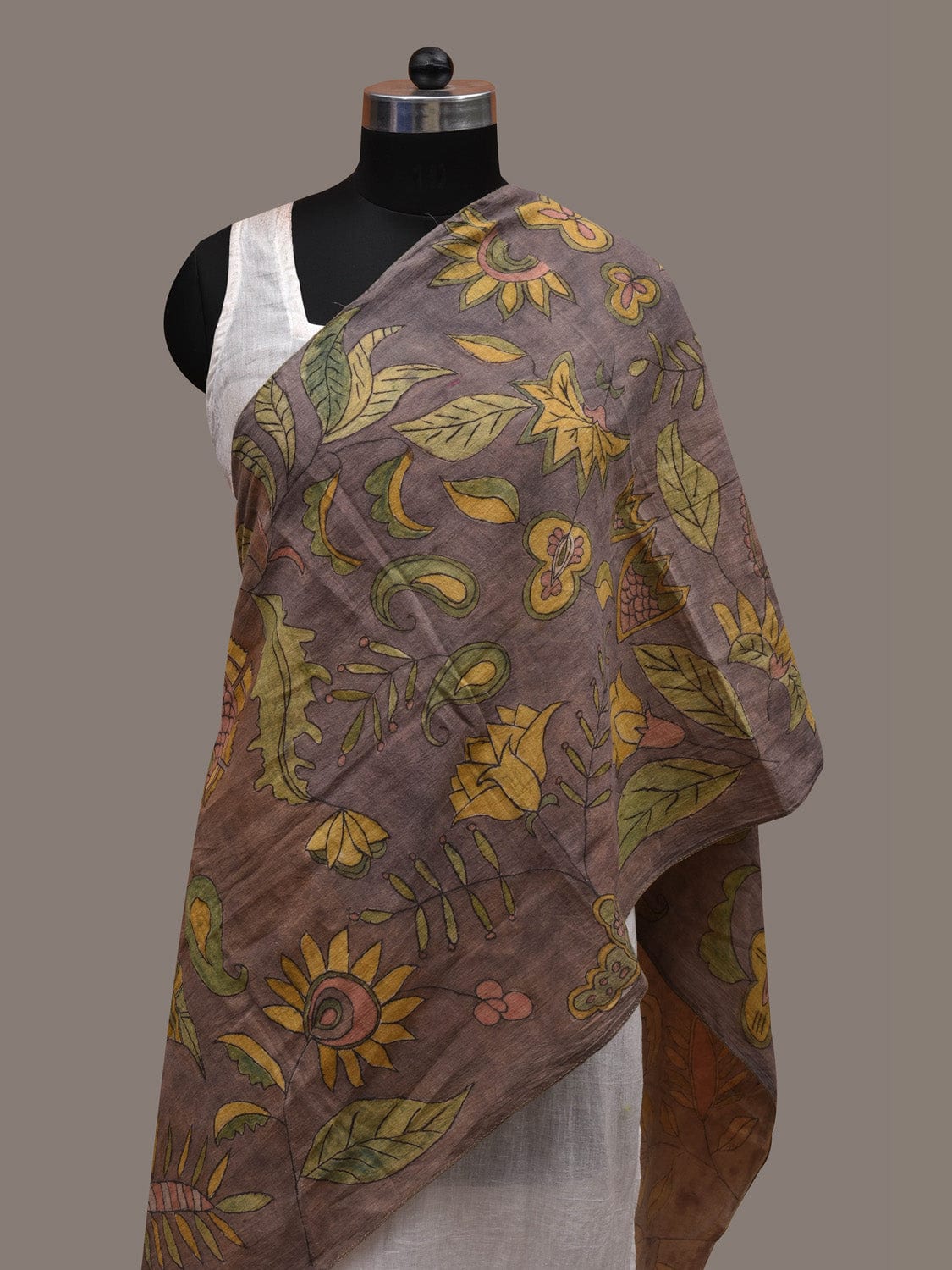 Grey Kalamkari Hand Painted Cotton Handloom Stole with Floral Design ds2806