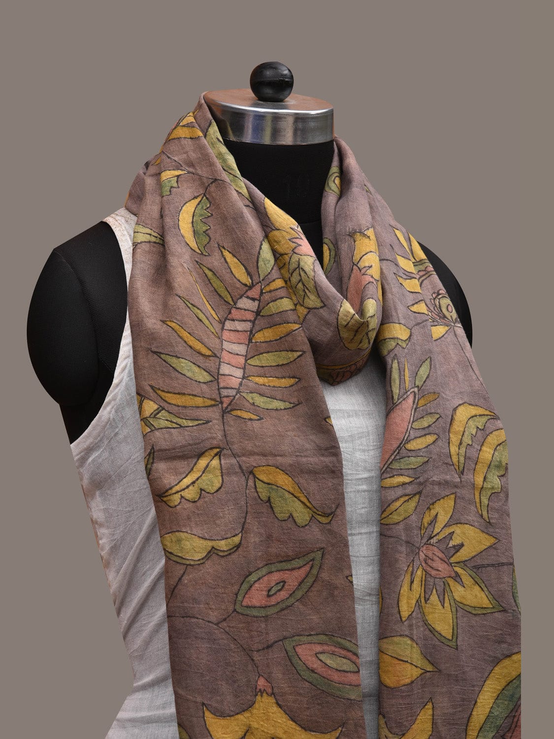 Grey Kalamkari Hand Painted Cotton Handloom Stole with Floral Design ds2806
