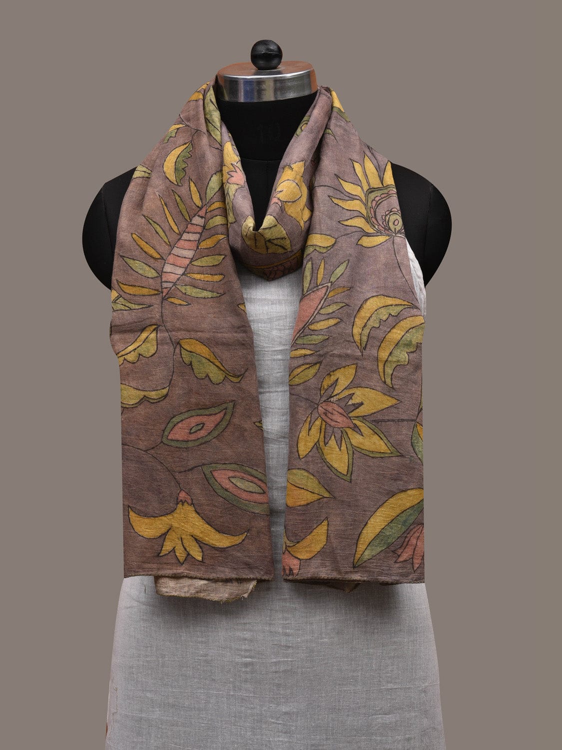 Grey Kalamkari Hand Painted Cotton Handloom Stole with Floral Design ds2806