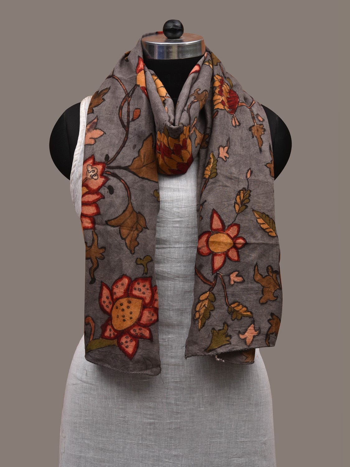 Grey Kalamkari Hand Painted Cotton Handloom Stole with Floral Design ds2808