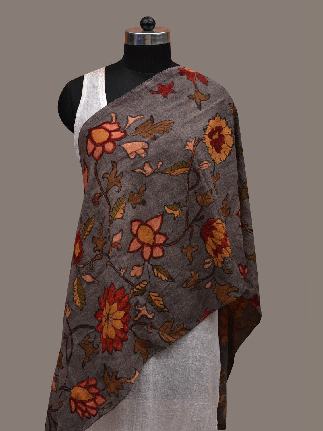 Grey Kalamkari Hand Painted Cotton Handloom Stole with Floral Design ds2808