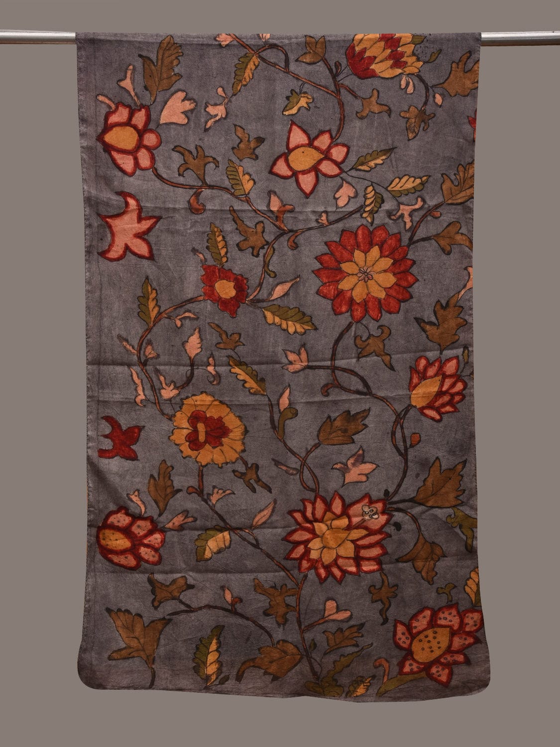 Grey Kalamkari Hand Painted Cotton Handloom Stole with Floral Design ds2808