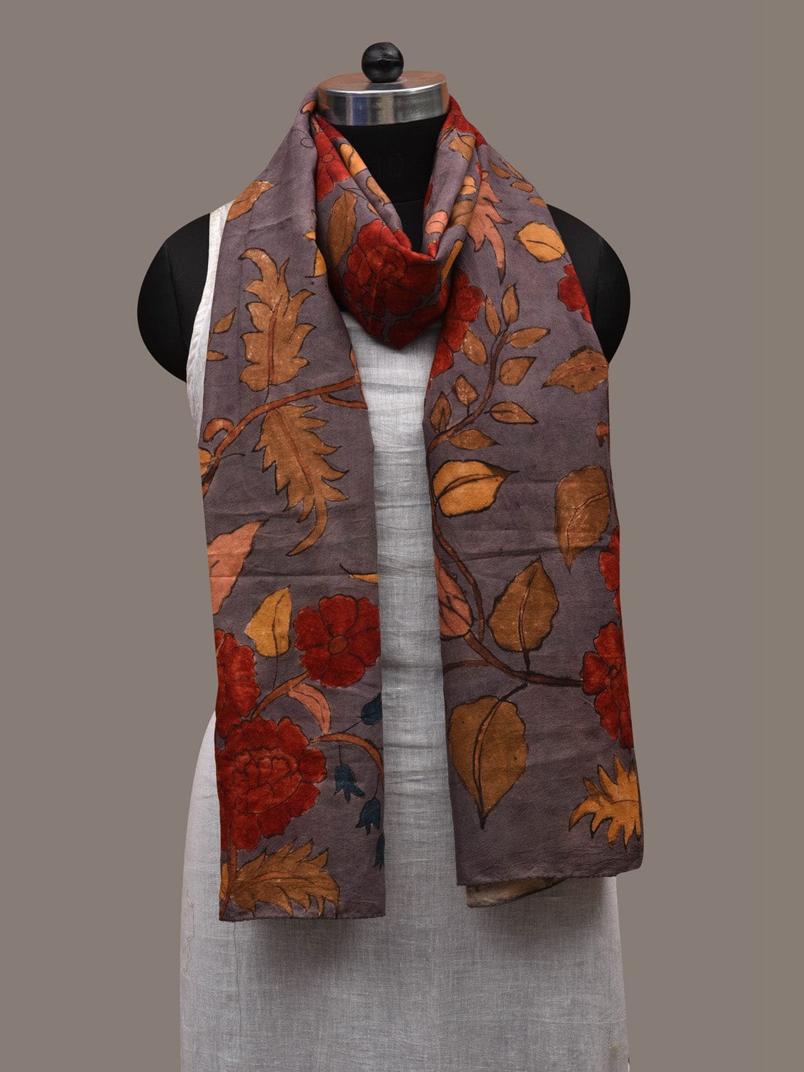 Grey Kalamkari Hand Painted Cotton Handloom Stole with Floral Design ds2811