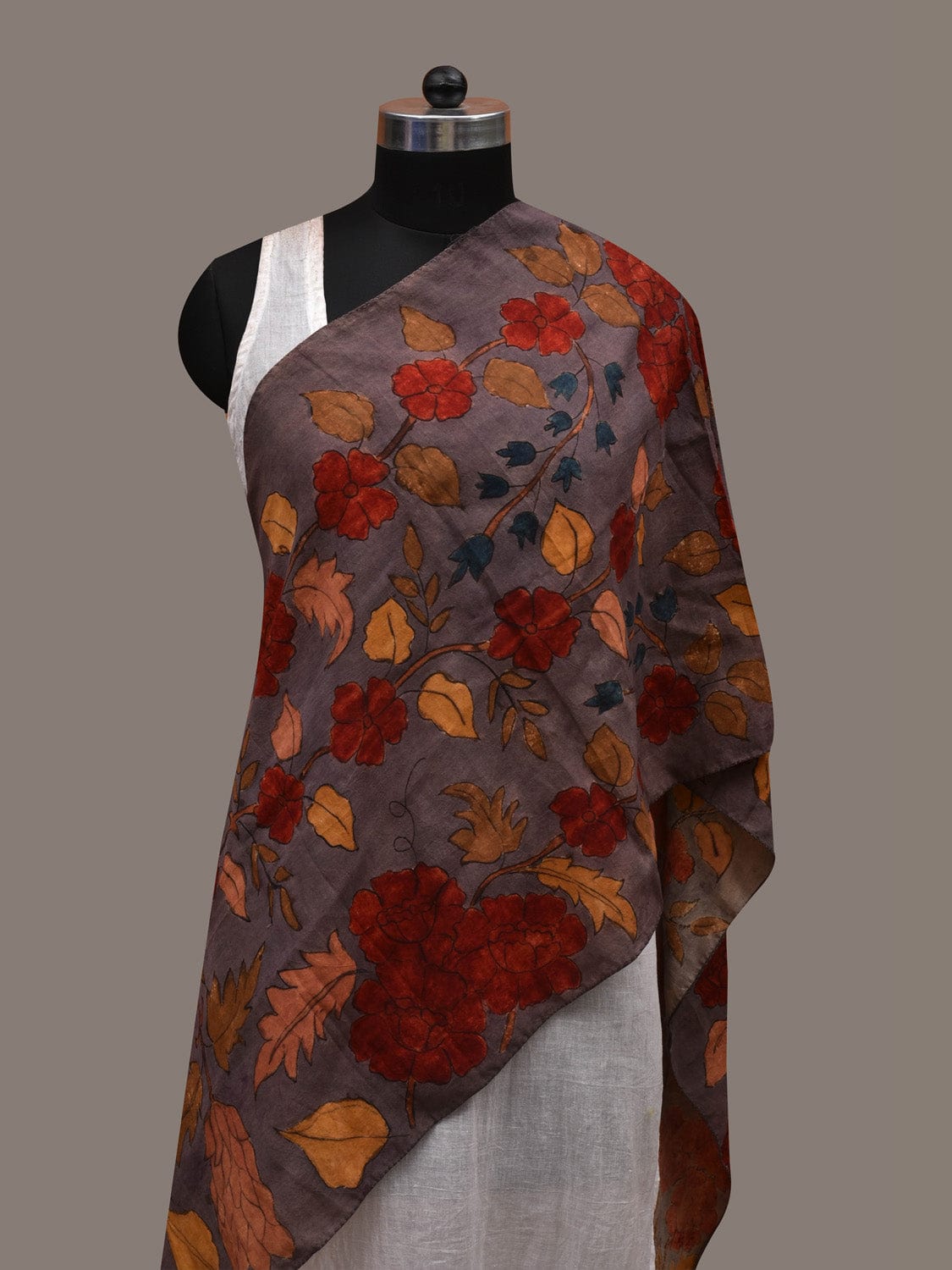 Grey Kalamkari Hand Painted Cotton Handloom Stole with Floral Design ds2811