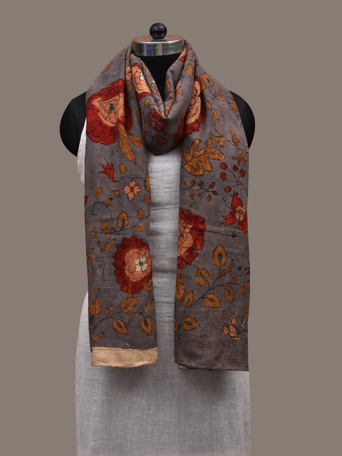Grey Kalamkari Hand Painted Cotton Handloom Stole with Floral Design ds2813