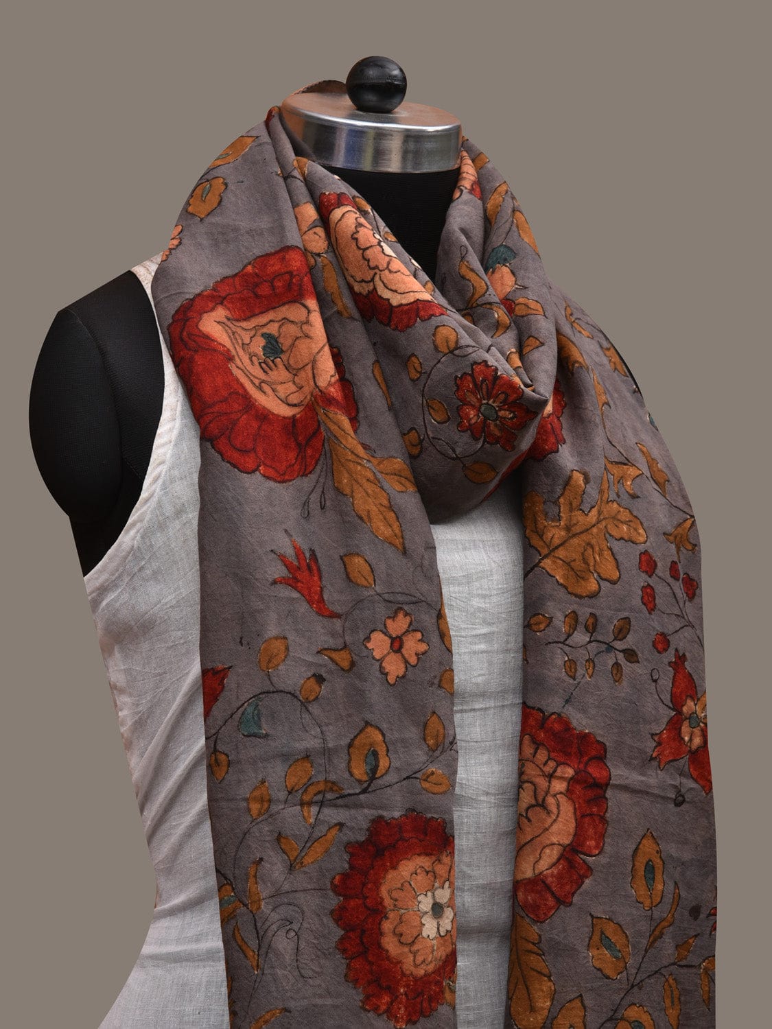 Grey Kalamkari Hand Painted Cotton Handloom Stole with Floral Design ds2813