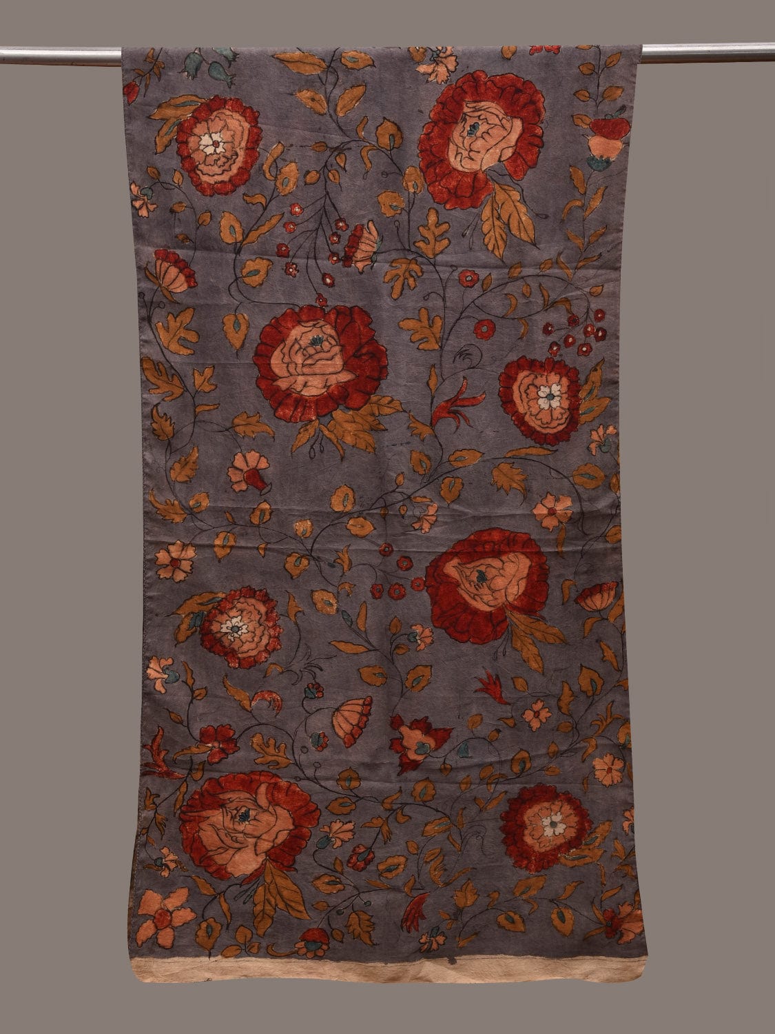 Grey Kalamkari Hand Painted Cotton Handloom Stole with Floral Design ds2813