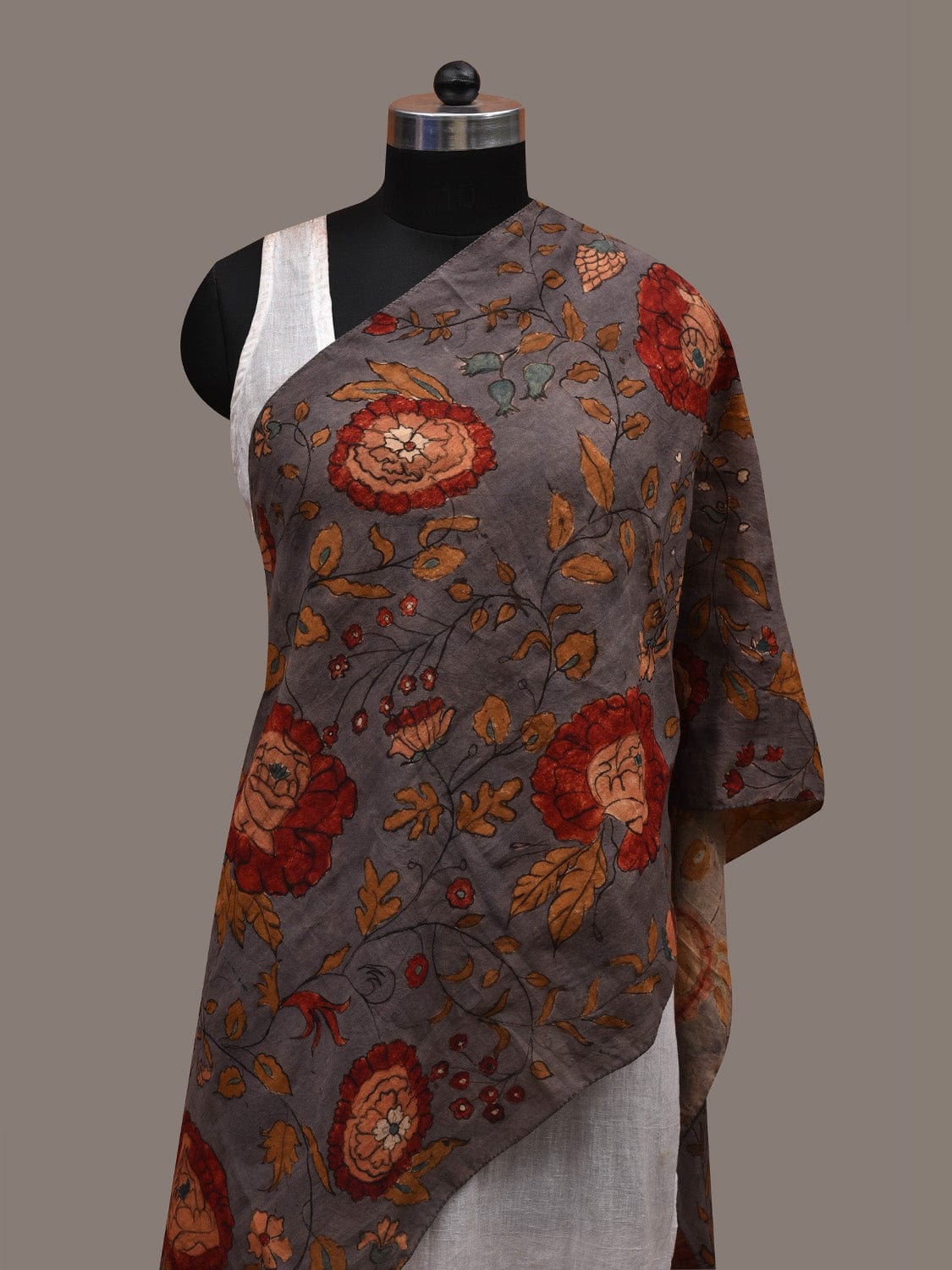 Grey Kalamkari Hand Painted Cotton Handloom Stole with Floral Design ds2813