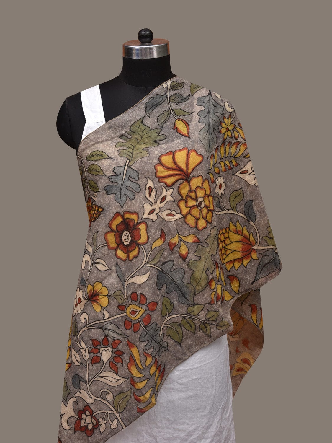 Grey Kalamkari Hand Painted Cotton Handloom Stole with Floral Design ds3021