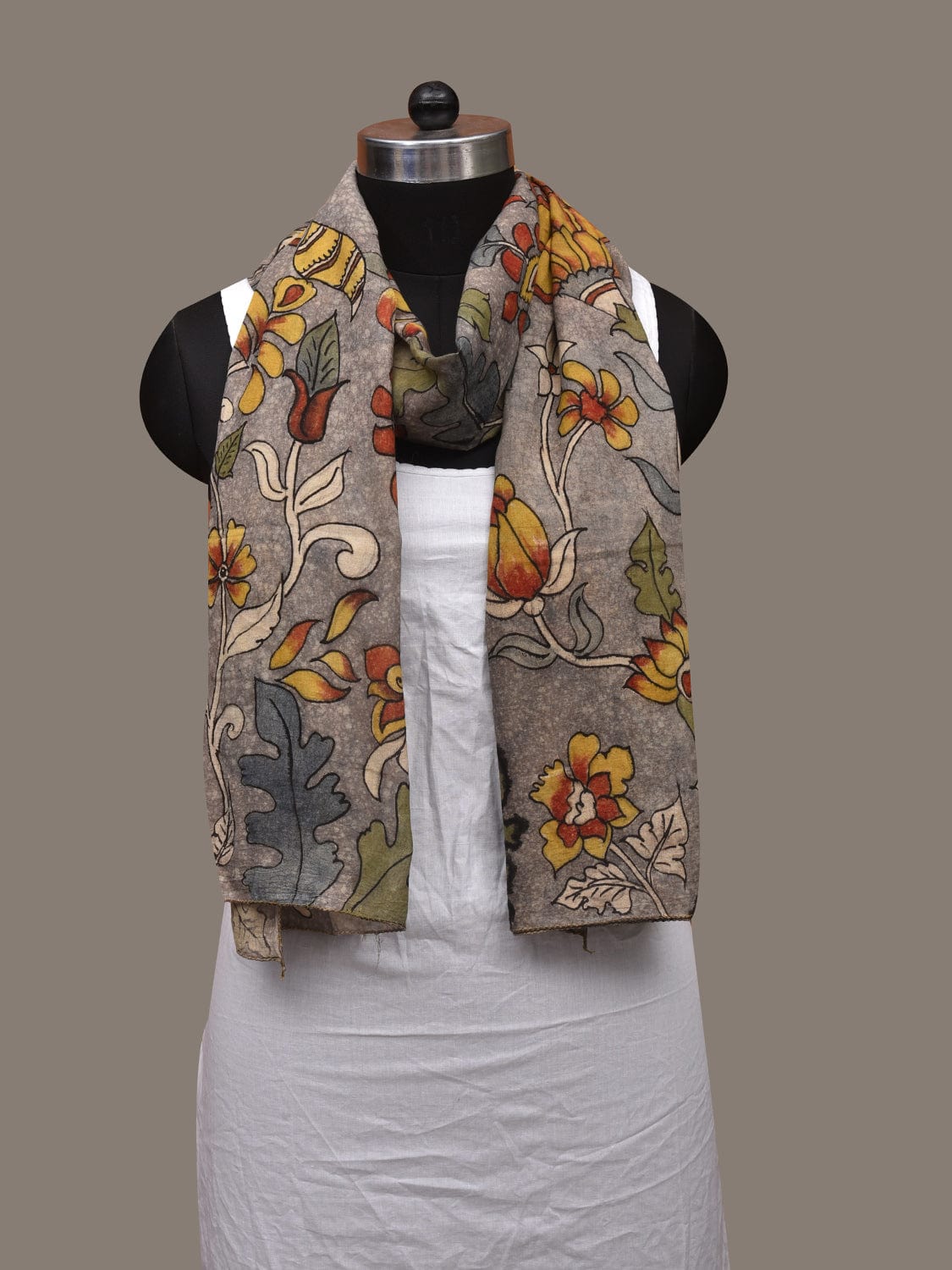Grey Kalamkari Hand Painted Cotton Handloom Stole with Floral Design ds3021