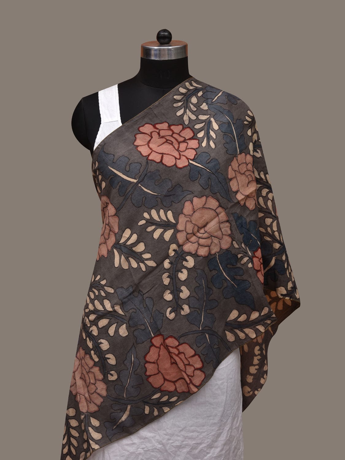 Grey Kalamkari Hand Painted Cotton Handloom Stole with Floral Design ds3039