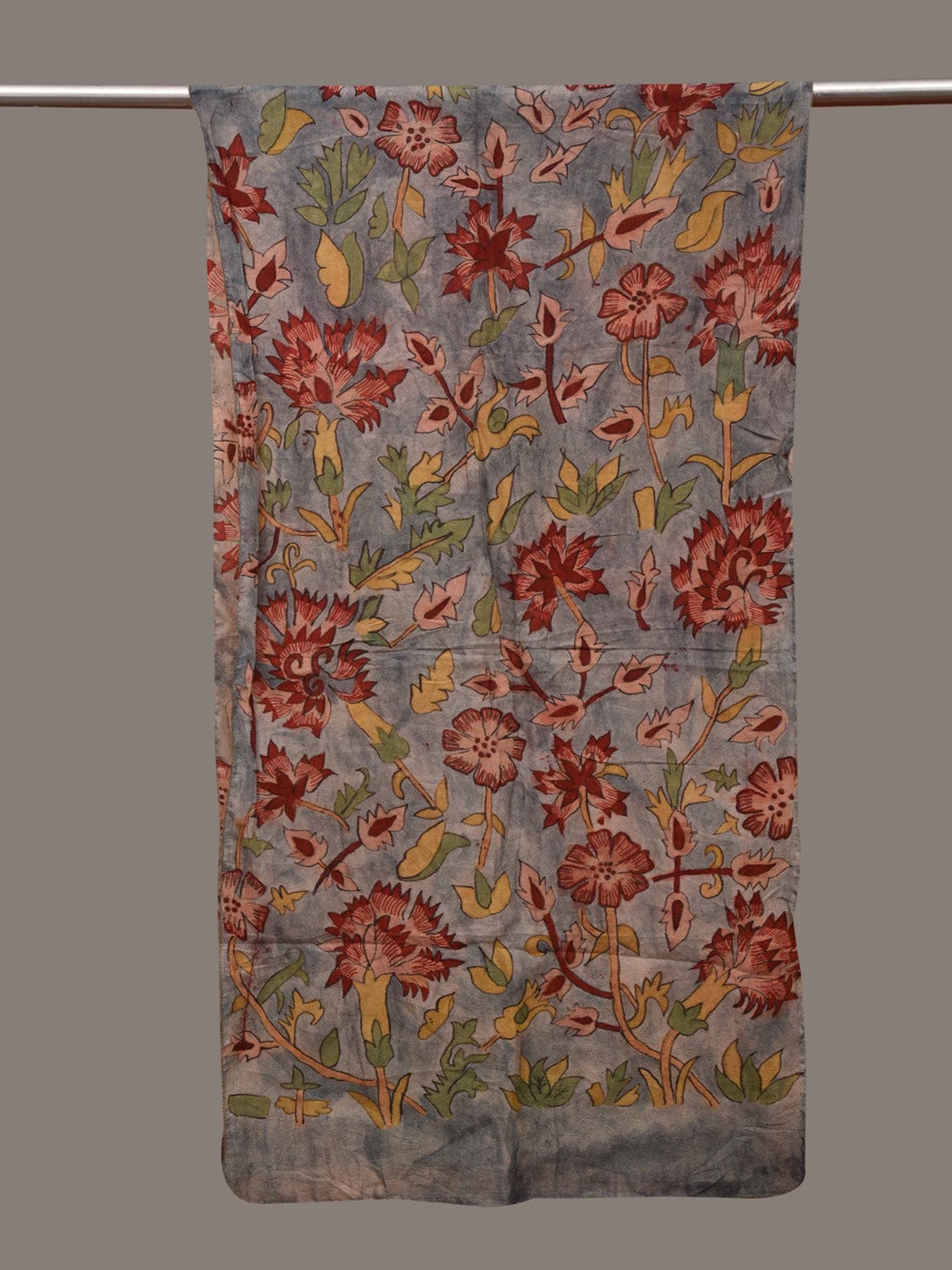 Grey Kalamkari Hand Painted Cotton Handloom Stole with Flowers Design ds3018