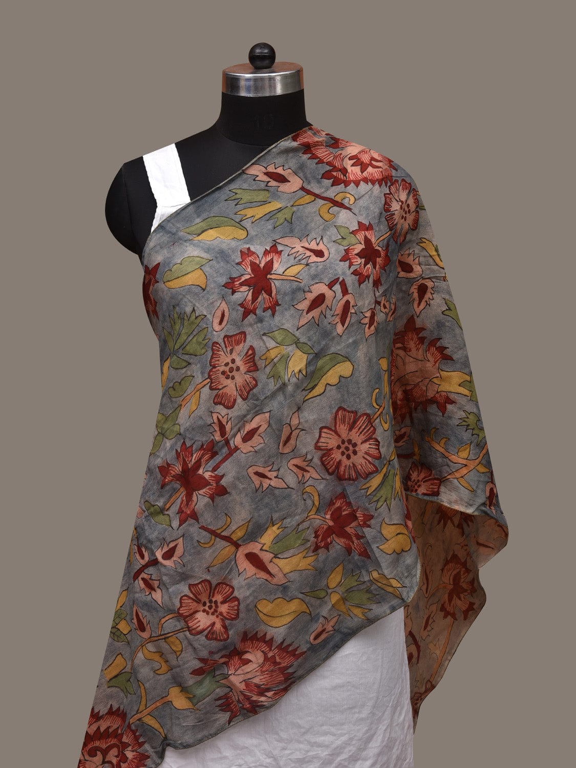 Grey Kalamkari Hand Painted Cotton Handloom Stole with Flowers Design ds3018