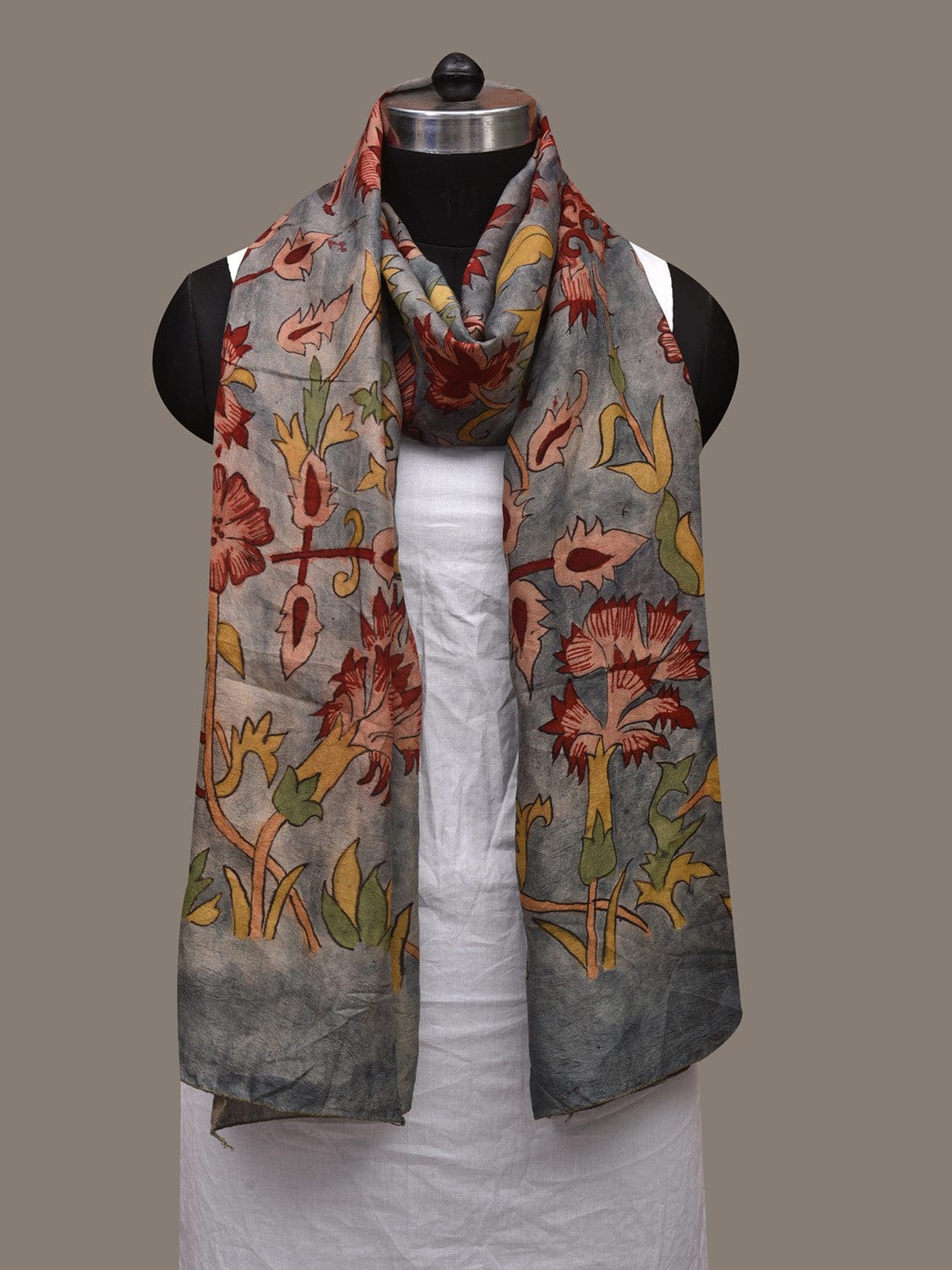 Grey Kalamkari Hand Painted Cotton Handloom Stole with Flowers Design ds3018