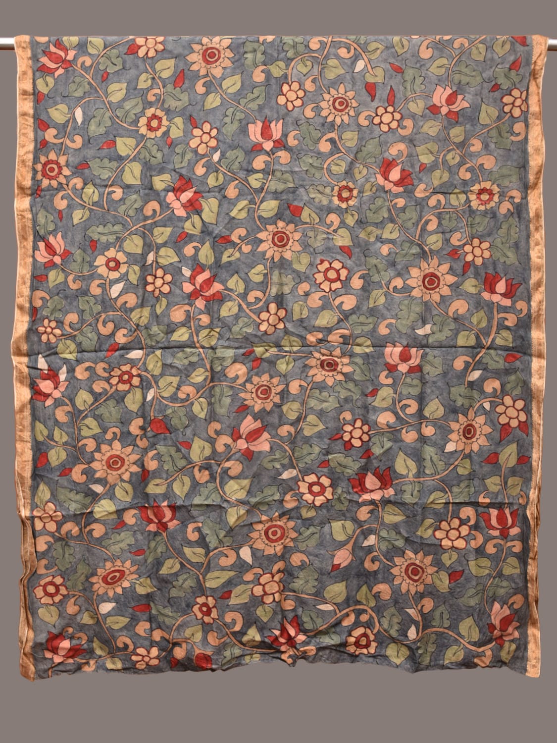 Grey Kalamkari Hand Painted Cotton Silk Dupatta with Floral Design ds3337