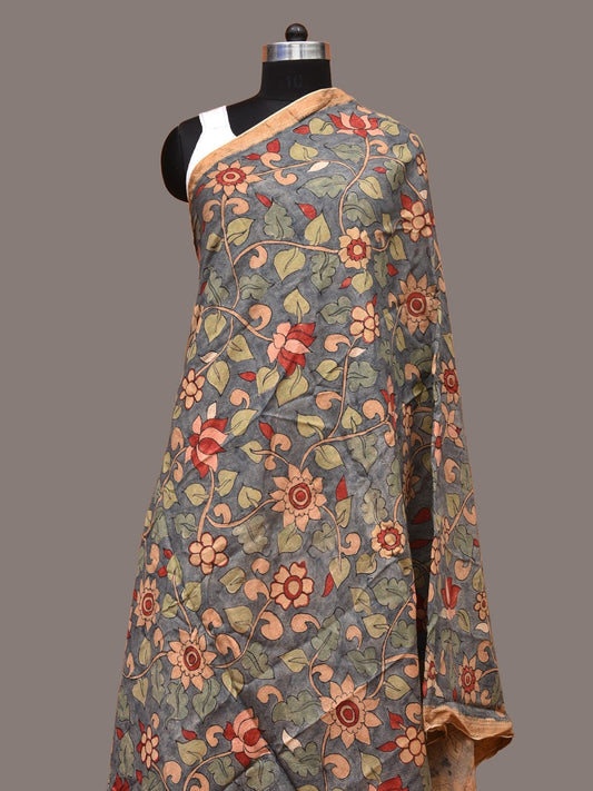 Grey Kalamkari Hand Painted Cotton Silk Dupatta with Floral Design ds3337