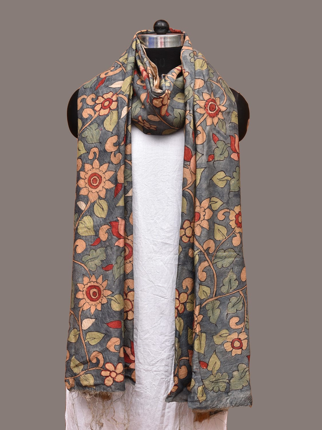 Grey Kalamkari Hand Painted Cotton Silk Dupatta with Floral Design ds3337