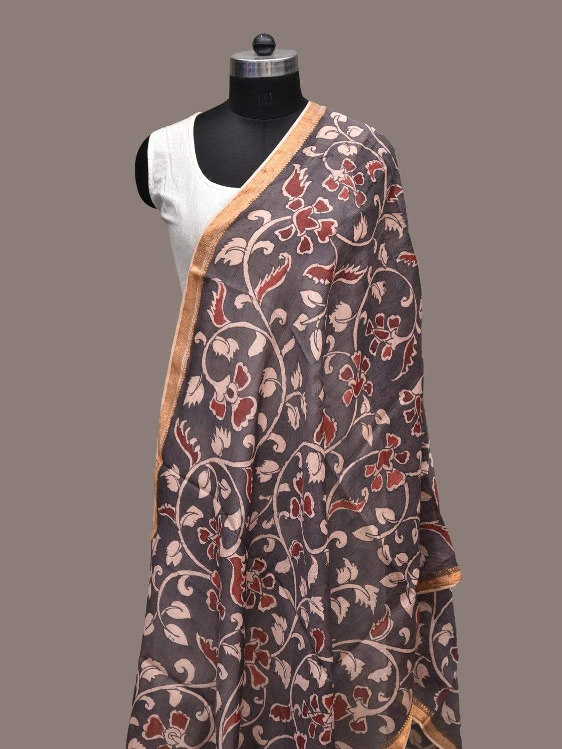 Grey Kalamkari Hand Painted Cotton Silk Handloom Dupatta with Floral Design ds2258